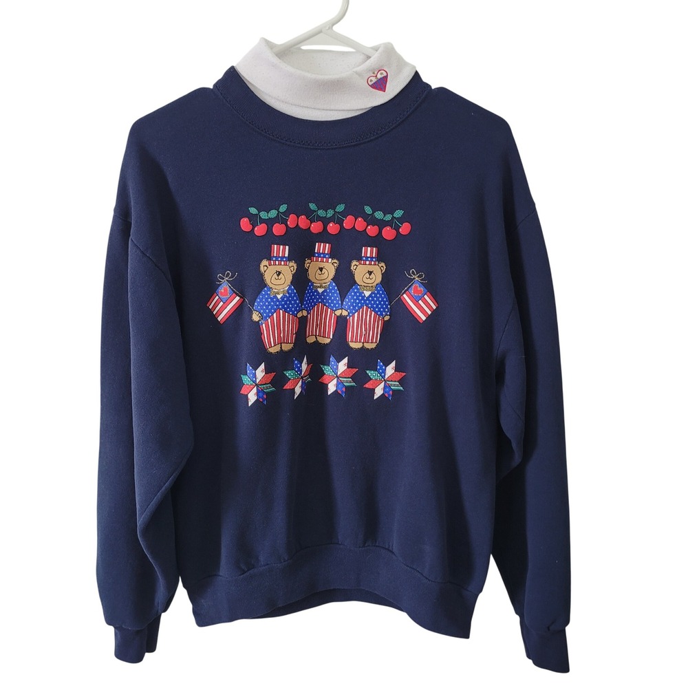 Gopher Sport Womens M Sweatshirt Navy Patriotic Teddy Bear Mock‎ Neck Vintage
